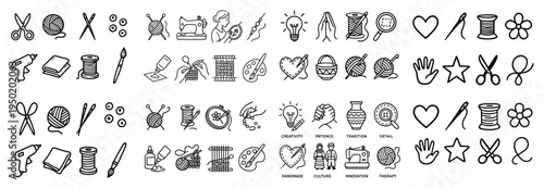 Craft icons with yarn needle scissors minimal
