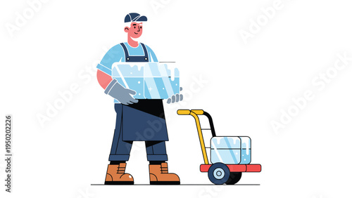 Ice Delivery: A worker is diligently delivering large ice block with a cart.