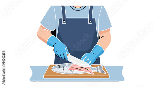 Fishmonger at Work: A skilled individual meticulously fillets a fresh fish on a wooden cutting board, showcasing culinary expertise. 