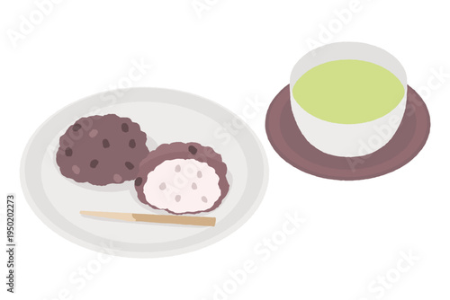 おはぎと緑茶のイラストセット