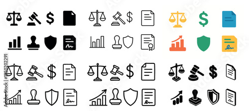 Legal finance icons with scales gavel document flat