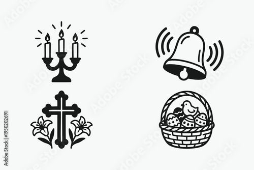 Easter and Religious Christian Icon Set - Cross, Bell, Candelabra, and Basket
