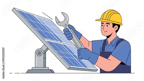 Solar Panel Technician at Work: An enthusiastic technician, diligently tending to solar panels using a wrench. A commitment to green energy and sustainable technology