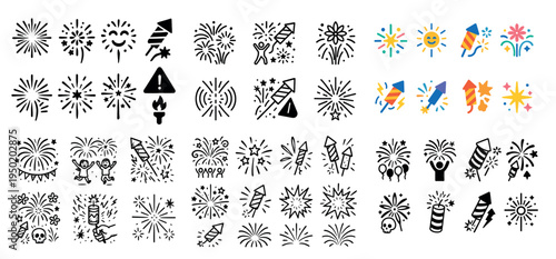 Celebration icons with rocket burst sparkler outline
