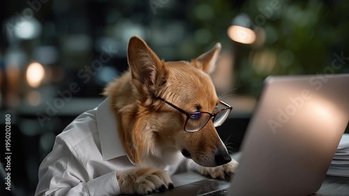 Smart dog wears glasses, sits at laptop. Focused, curious, professional demeanor throughout. Dedicated to work, typing, observing screen with alert eyes. Ideal for tech, business