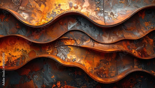Wavy rusted metal texture with abstract patterns, dark, worn, aged look, architectural or design use