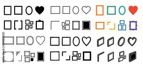 Interface icons with square circle heart outline