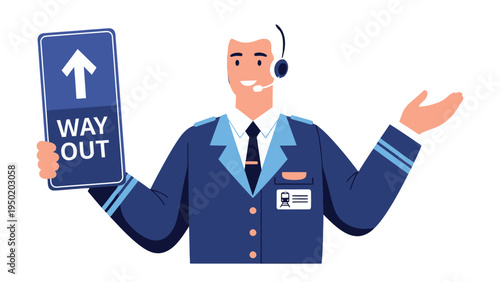 Directional Guide: A customer service professional, holding a Way Out sign and wearing a headset, exudes helpfulness and professionalism. Indicating clear guidance and support.
