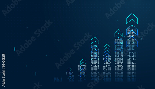 Multiple neon arrows point upward atop digital pillars, representing scaling technology in the Finance sector. and show This Business graphic features several upward trending arrows