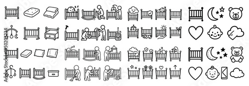 Baby care icons with crib pillow and mobile minimal