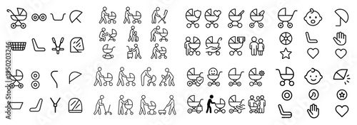 Baby care icons with stroller baby parent outline