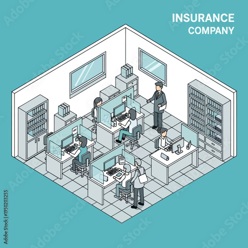 Insurance Company Office Workers at Desks.