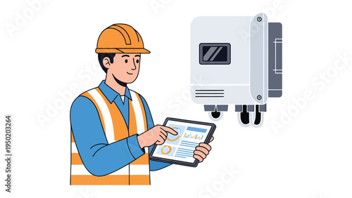 Solar Power Technician: A skilled technician, equipped with protective gear and a digital tablet, meticulously inspects the electrical components of a solar energy system.