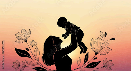 Emotional silhouette illustration of a mother lifting her baby against a warm sunset, surrounded by elegant floral designs, celebrating the profound bond and unconditional love