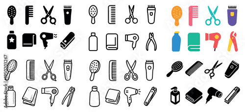 Grooming icons with brush comb scissors minimal outline
