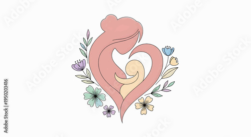 Stylized illustration of a mother cradling her baby within a heart shape, surrounded by floral elements, symbolizing love and family connection