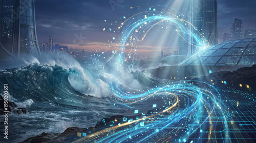 Wallpaper Mural Futuristic Smart City with Digital Data Streams and Ocean Waves Torontodigital.ca