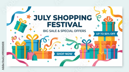 July Shopping Festival Banner with Gift Boxes and Confetti