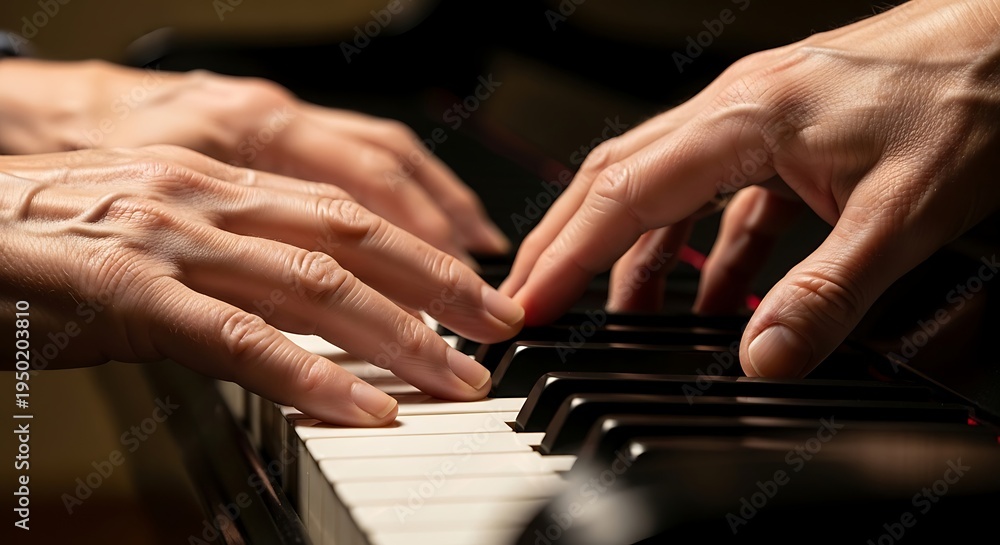 Fototapeta premium Two pairs of hands play music together on the dark keys of an acoustic instrument