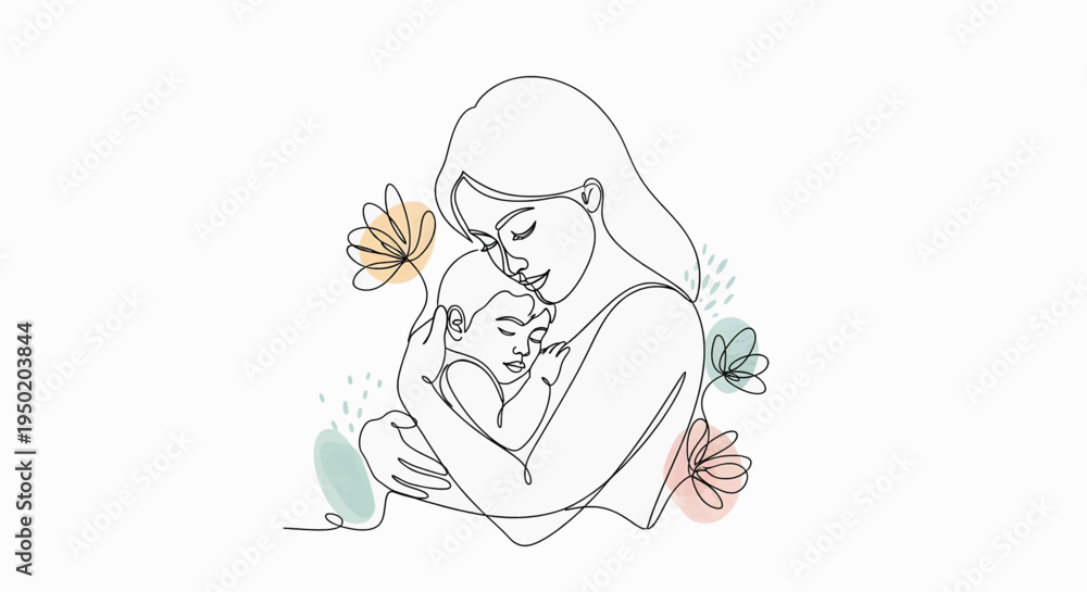 Obraz premium A tender moment between mother and child, depicted in a minimalist line art style with subtle floral accents