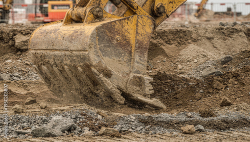 Industrial Excavator Bucket Digging Earth on a Construction Site