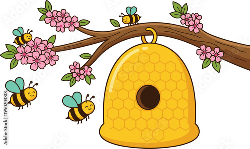 Cute cartoon bees and hanging beehive on blossom tree branch, spring pollination scene with honeycomb hive vector illustration