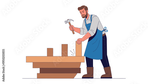 Crafting Creations: An artisan in his workshop, absorbed in the art of carpentry, skillfully using a hammer to shape wood. A testament to meticulous workmanship and craftsmanship.