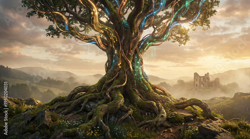 Wallpaper Mural Nature Meets Technology: Ancient Tree with Cybernetic Glowing Veins Torontodigital.ca