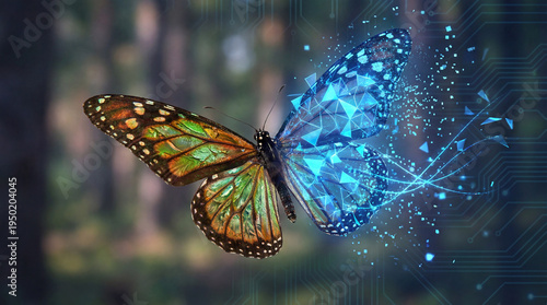 Wallpaper Mural Digital Metamorphosis: Butterfly Transforming into Glowing Blue Cyber Code Torontodigital.ca