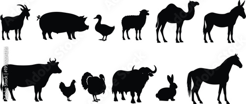 Collection of black farm animal silhouettes including cow, horse, pig, camel, goat, sheep, donkey, buffalo, chicken, turkey, duck, and rabbit.