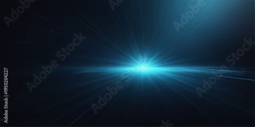 A bright blue digital art backdrop featuring a glowing sun burst and laser beam rays that flare across the space with energy