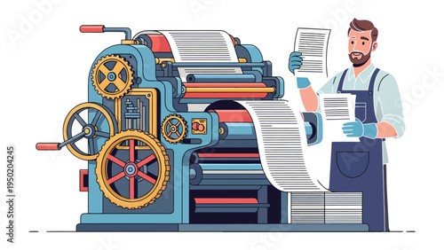 Vintage Printing Press Operation: A skilled technician diligently operates a vintage printing press.