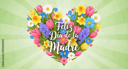 Happy Mother's Day text surrounded by a heart shape of colorful spring flowers on a green background with light rays