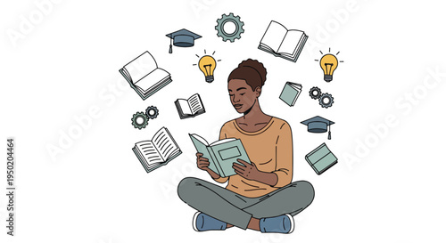 A man sitting with books and education icons around him.