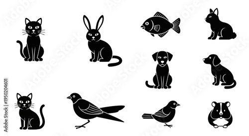 Collection of black animal silhouettes on white background.