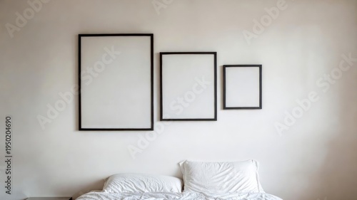 Minimal Triptych Wall Mockup with Three Empty Frames in Bedroom