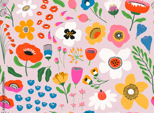 Hand drawn seamless pattern of abstract flowers and leaves. Natural floral background with different types of decorative exotic plants. Botanical design for textile, wrapping paper, fabric, print