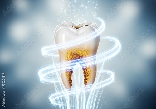 Illustrative depiction shows internal tooth decay being treated by swirling energy