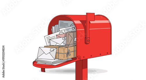 A red mailbox overflowing with mail.