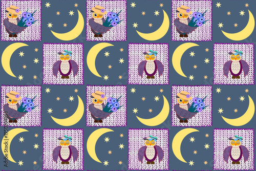 Adorable hand-stitched owl appliques with flowers on knitted patches