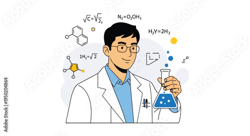 A scientist in a lab coat holding a beaker with chemical formulas around him.