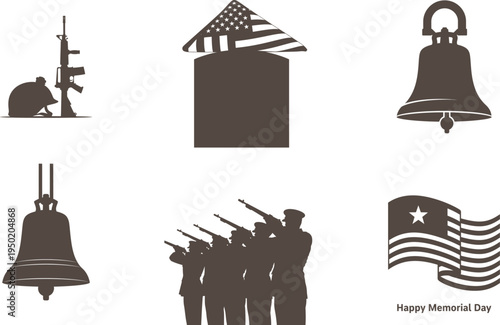 Memorial day tribute with patriotic symbols and bell silhouettes