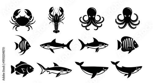 Collection of various sea creatures icons.