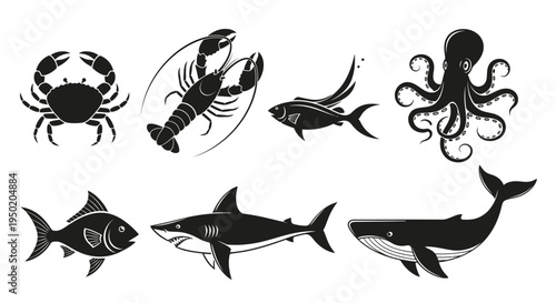 Black silhouettes of various sea creatures.