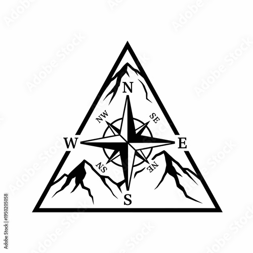 Compass Rose Mountain Triangle Logo, Navigation, Adventure, Outdoors, Exploration, Travel, Direction