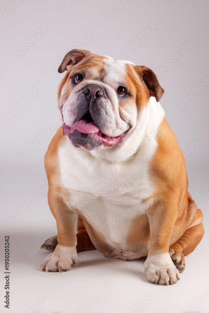 Obraz premium English Bulldog Sitting on a White Backdrop, Calm Panting Portrait