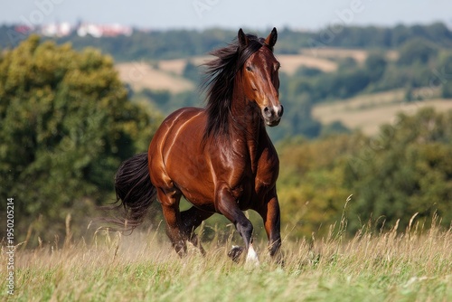 Energetic equine in motion over a grassy field under clear sky