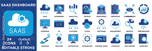 SaaS dashboard icon set illustrating interface, ui, ux, platform, cloud, software, management. vector blue