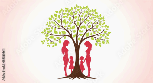 Family tree illustration symbolizing growth and connection with loving parents and children beneath green canopy