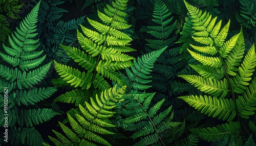 Lush green ferns thriving in a forest, creating a vibrant, natural background for art